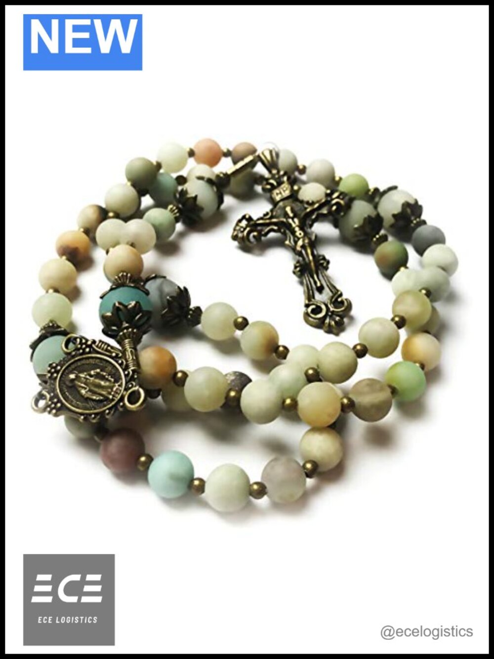 Amazonite Stone Rosary Beads Miraculous Medal Catholic Necklace
